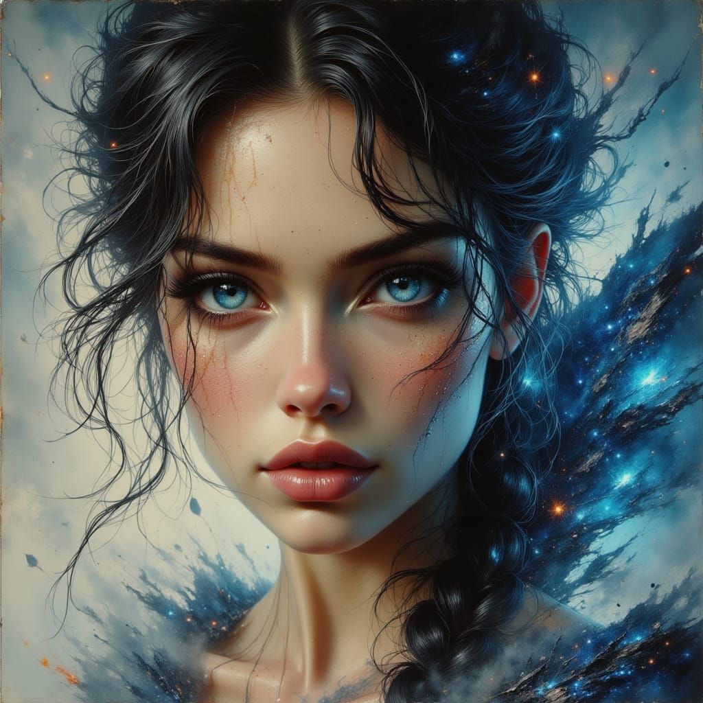 Oil Realism Painting of Woman with Blue Eyes