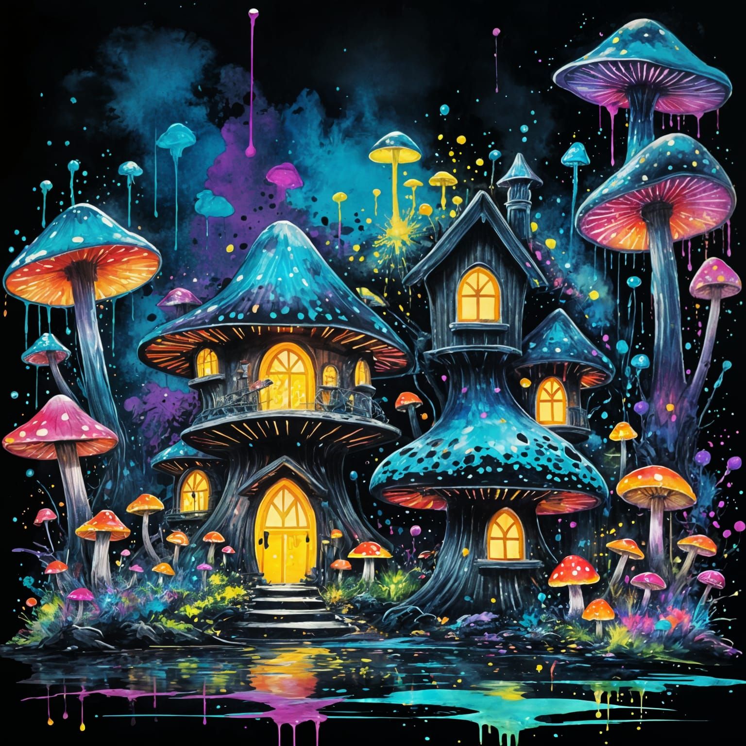 "Magnificent (ink_splatter:1.9) painting of a UV neon bioluminescent mushroom house in ink splash!!!"

Splash art around...