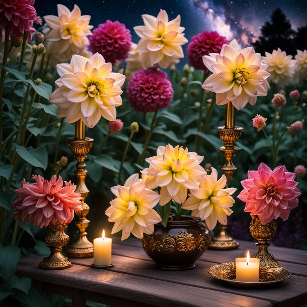 Night Garden with Golden Candlesticks and Galaxy