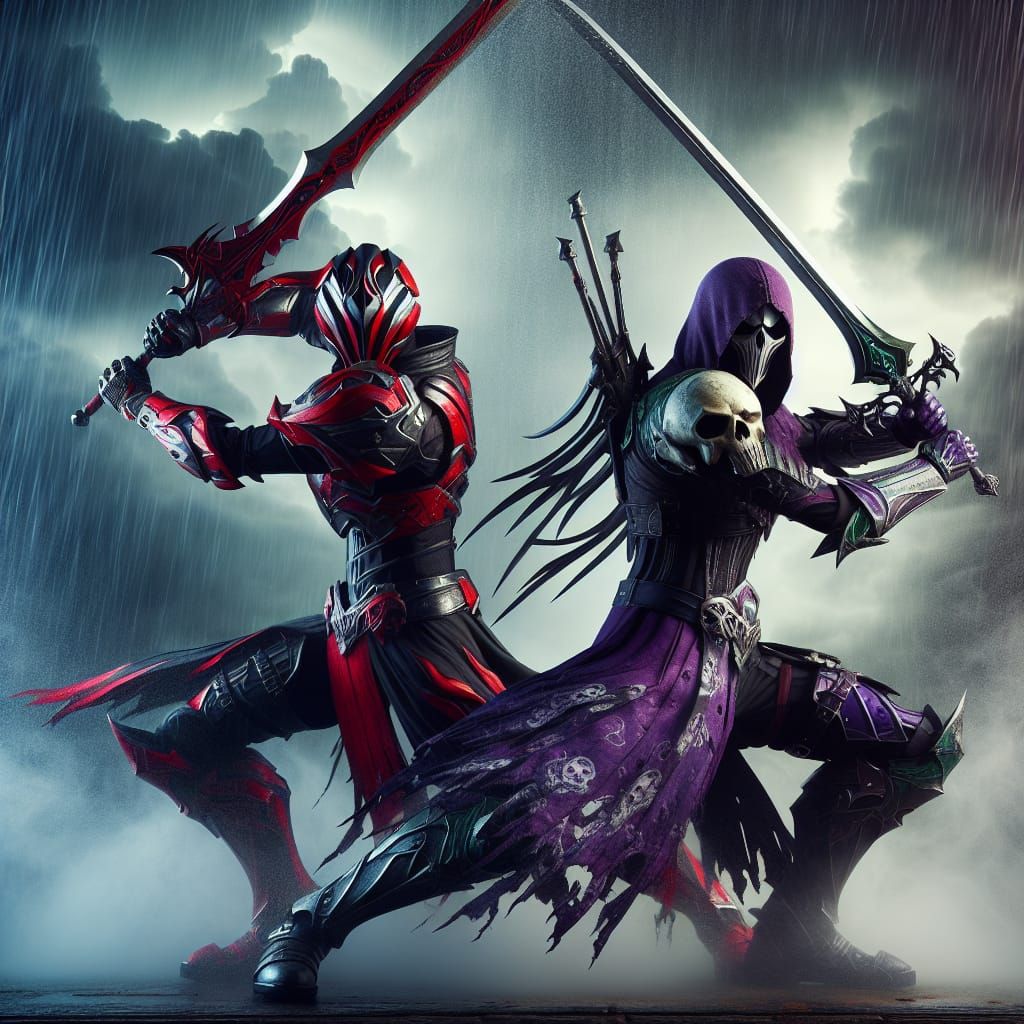 Dynamic Sword Fight in Stormy Weather