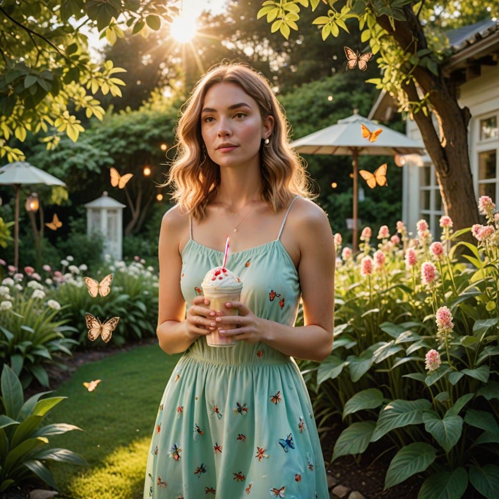 Young Woman Enjoys Colorful Milkshake in Vibrant Summer Yard