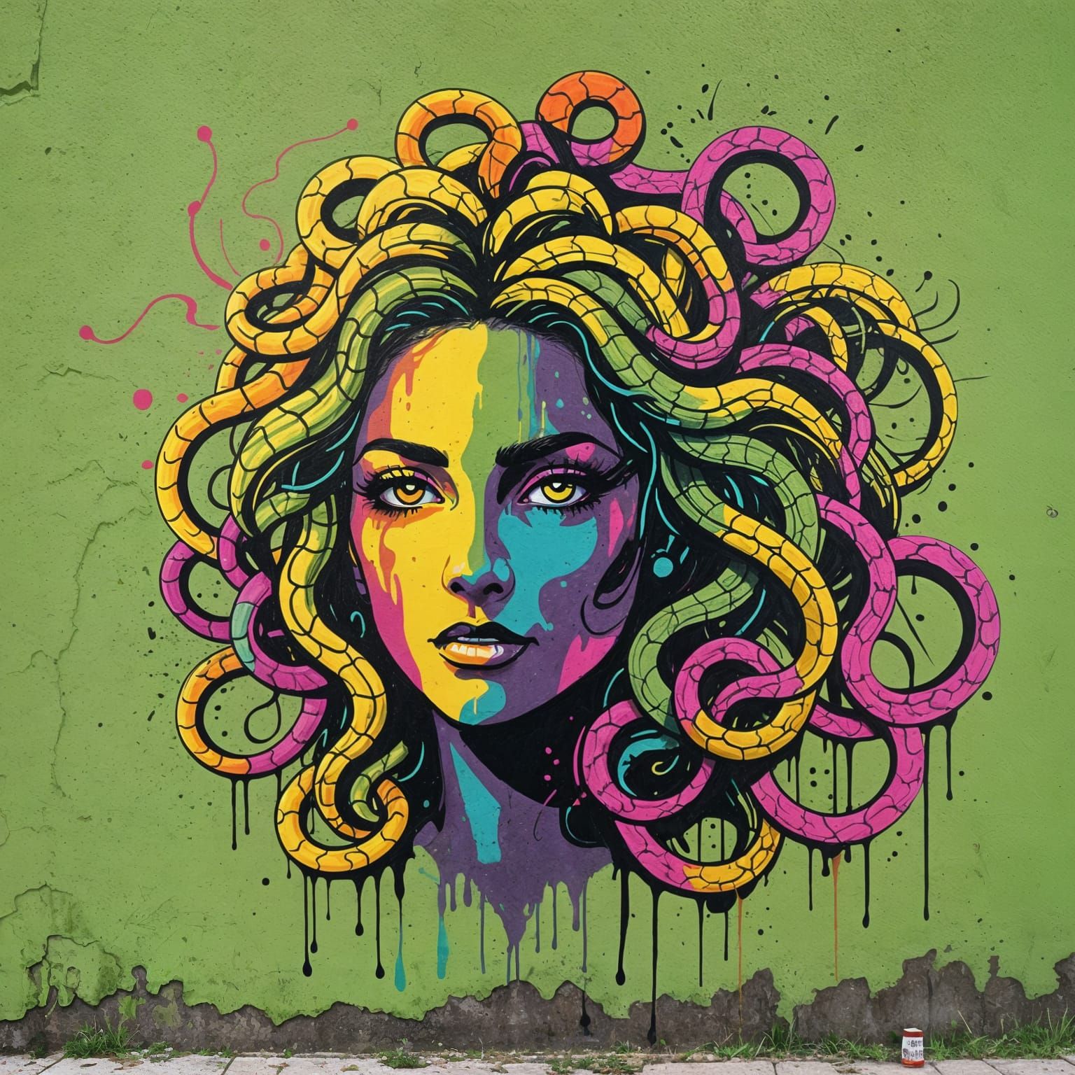 Medusa Street Art in Neon Spray Paint Style