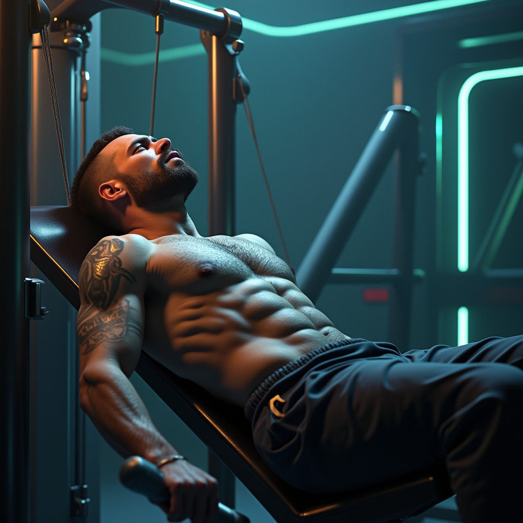Sorrowful Man Bench Pressing in Futuristic Gym