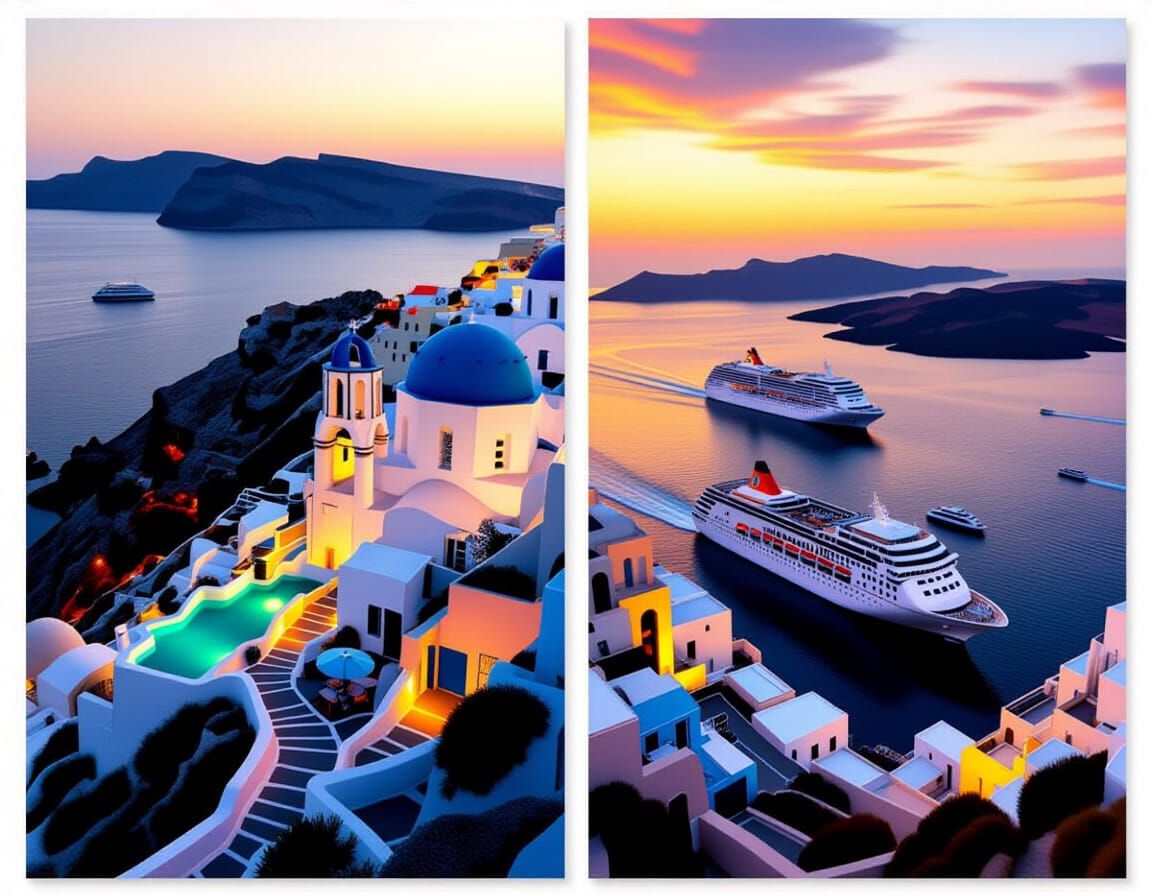Sunset Over Greek Villages with Cruise Ships