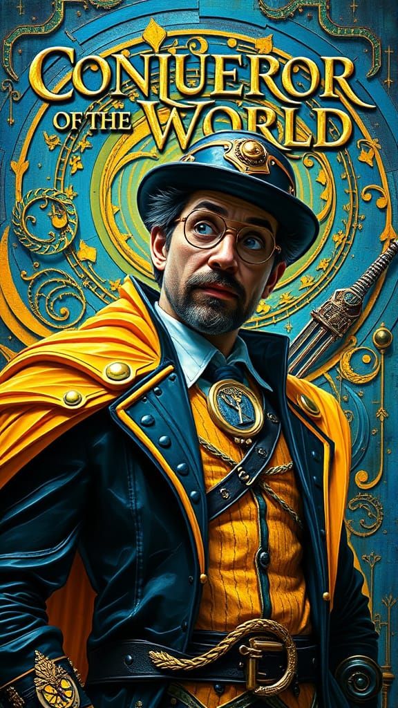 Conqueror of the World Tim Burton contrasting colors deep color yellow and blue detailed painting impressionism movie po...