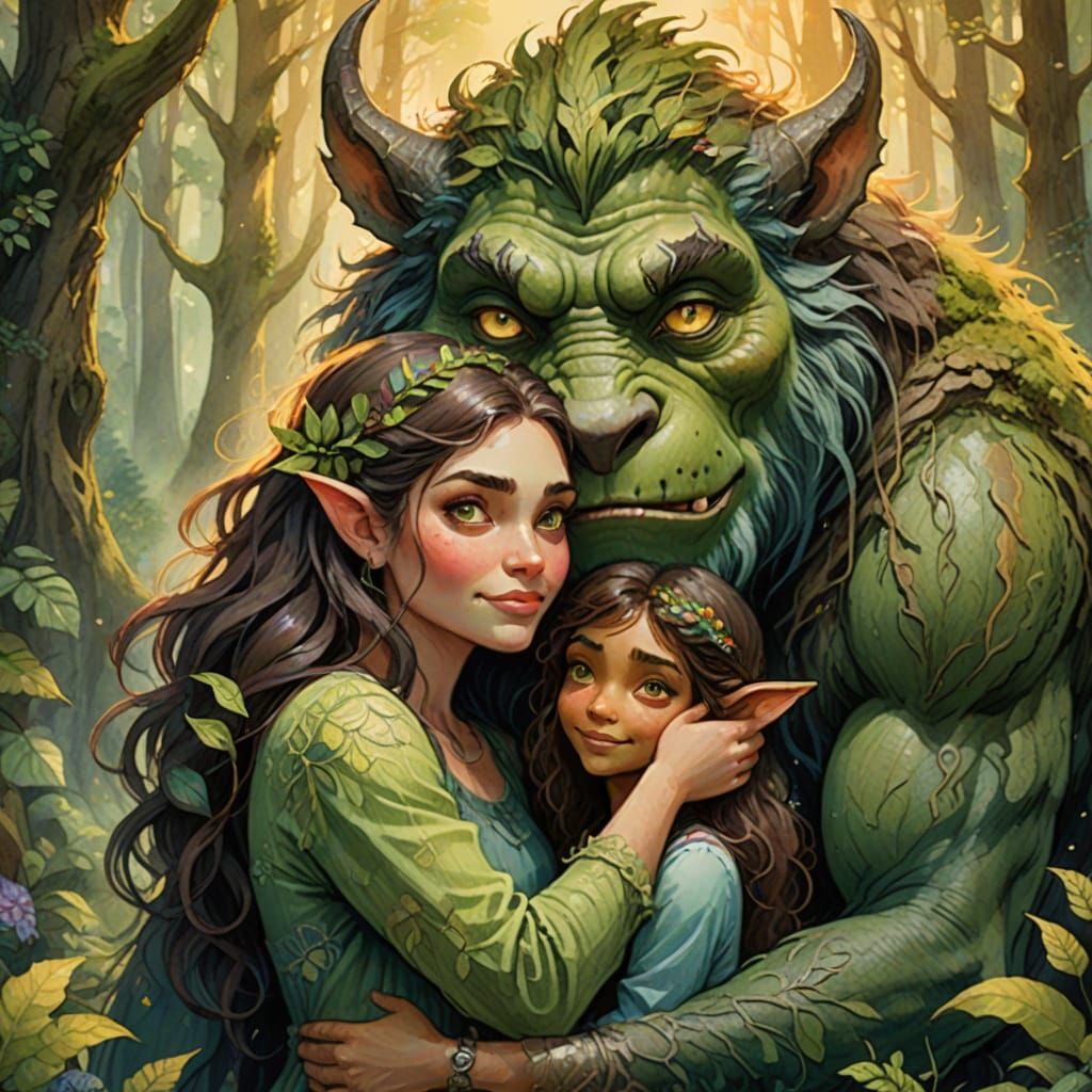 Girl Hugs Forest Troll in Whimsical Watercolor