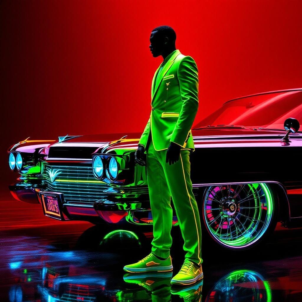 Cyberpunk Figure with Futuristic Car in Matte Painting Style