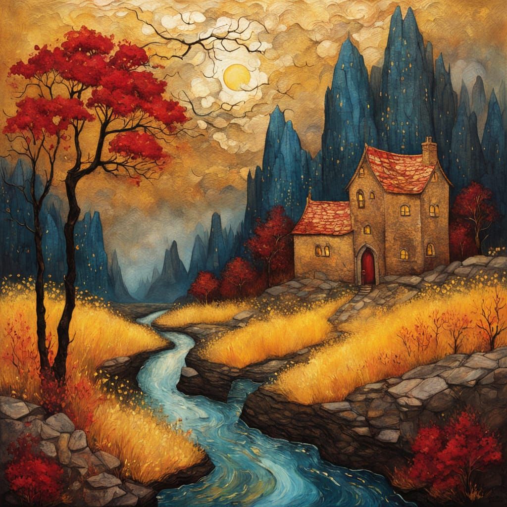 Crimson Misty Morning Landscape Impasto Kintsugi Painting