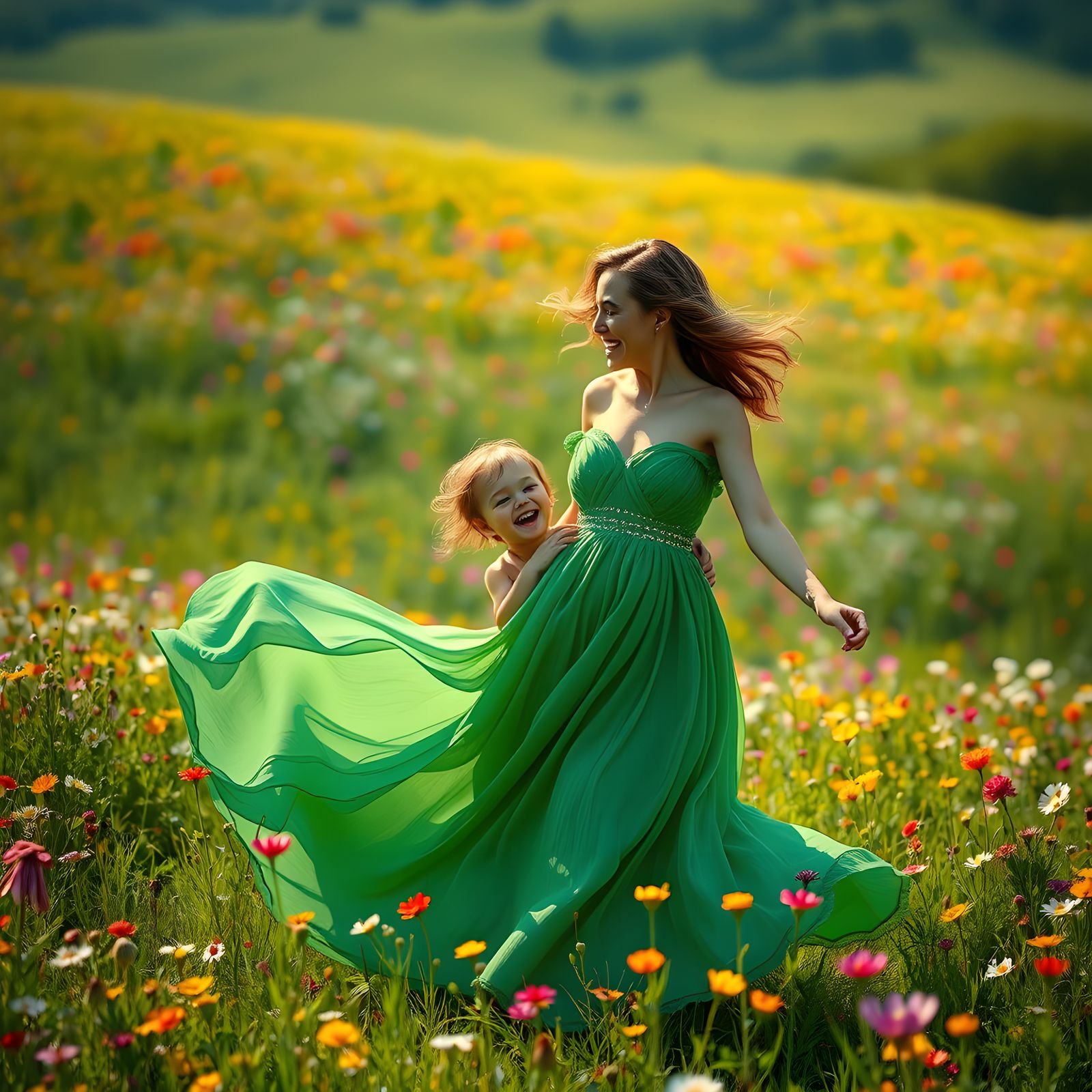 Joyful Mother and Child in Green Field: Fantasy Art