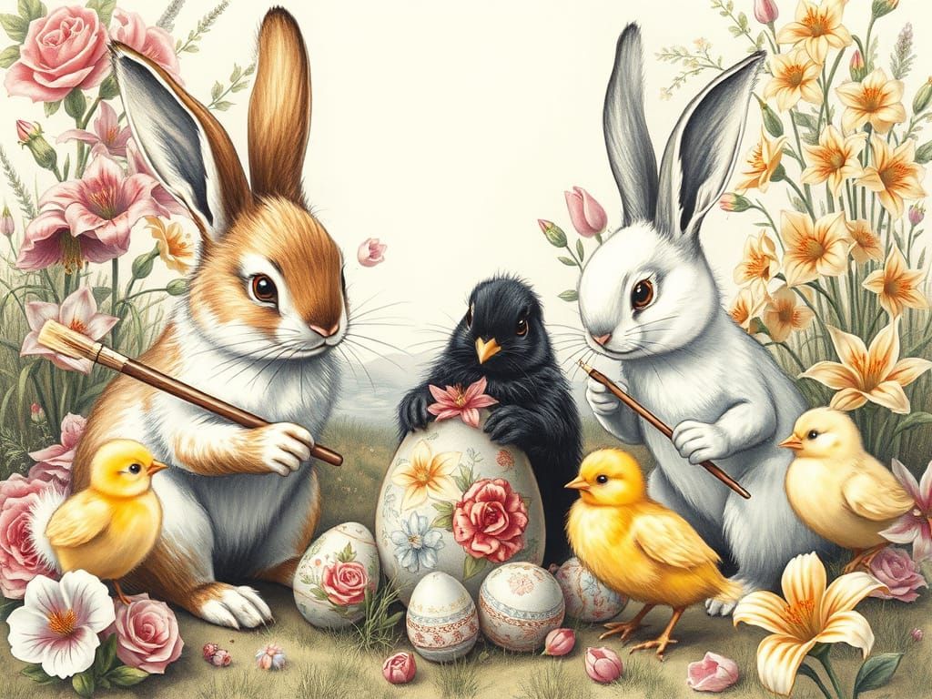 Whimsical Bunnies Paint Easter Eggs: A Fairytale Charcoal Dr...