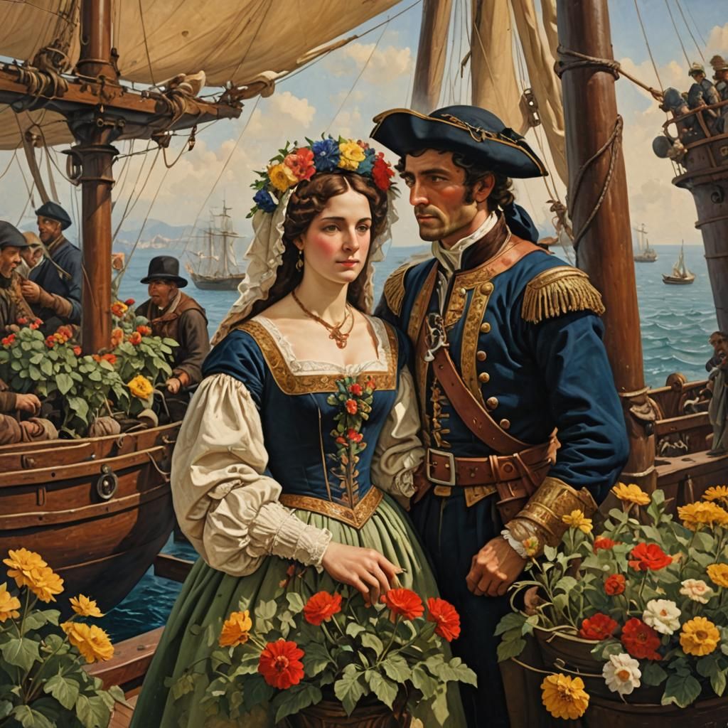 Italian Couple Sailing, Oil Painting Style