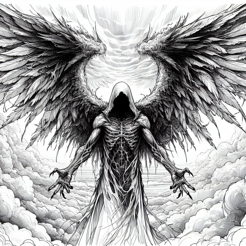 Menacing Fallen Angel in Detailed Line Art