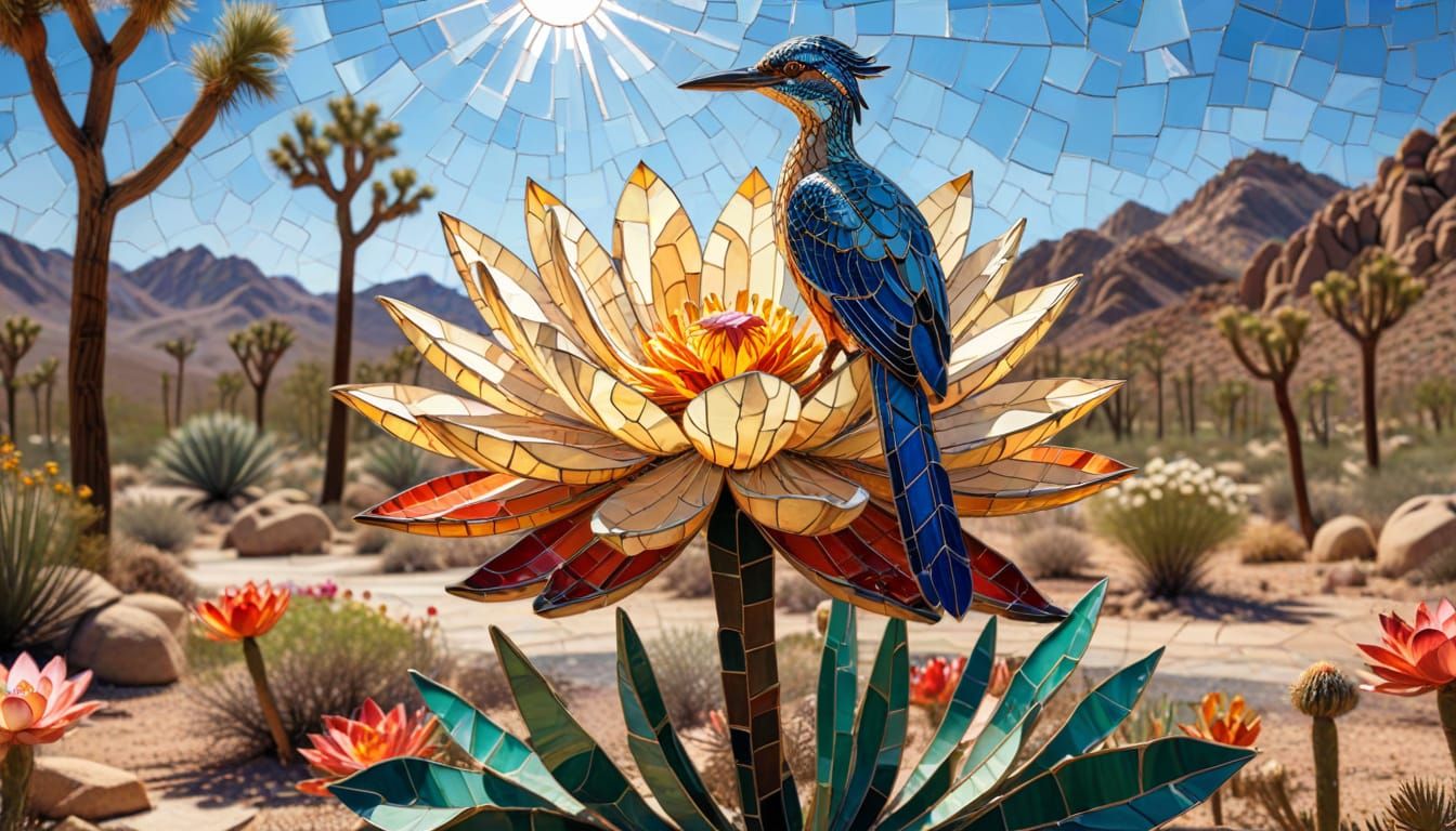 Vibrant Desert Lotus Mosaic in Stained Glass Style