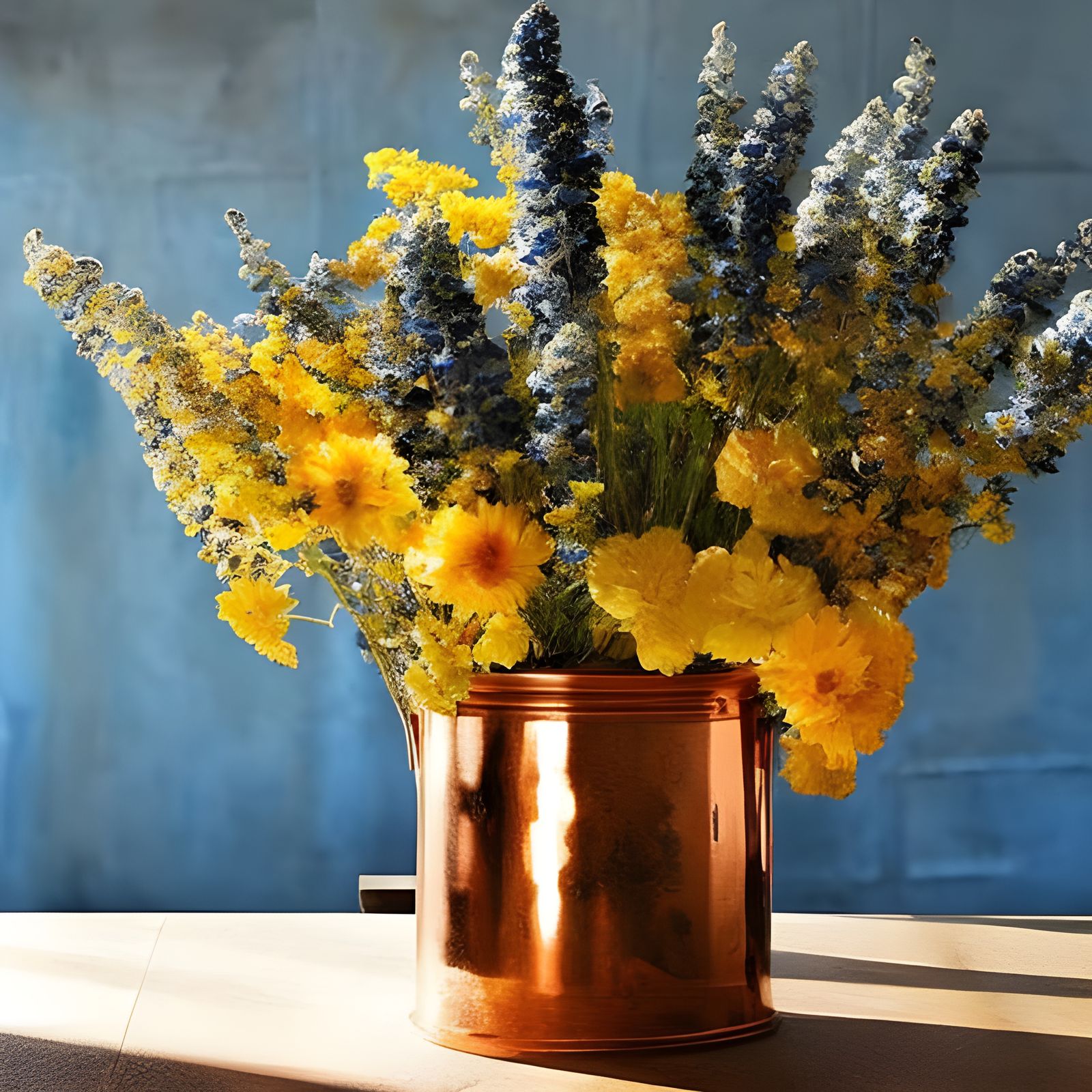 Hyperrealistic Flowers on Butcher Table, Pollock-Vermeer Sty...