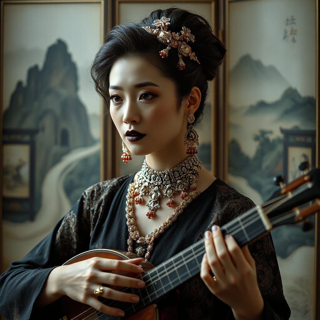 Hyperrealistic Asian Woman Playing Zither in Dramatic Light