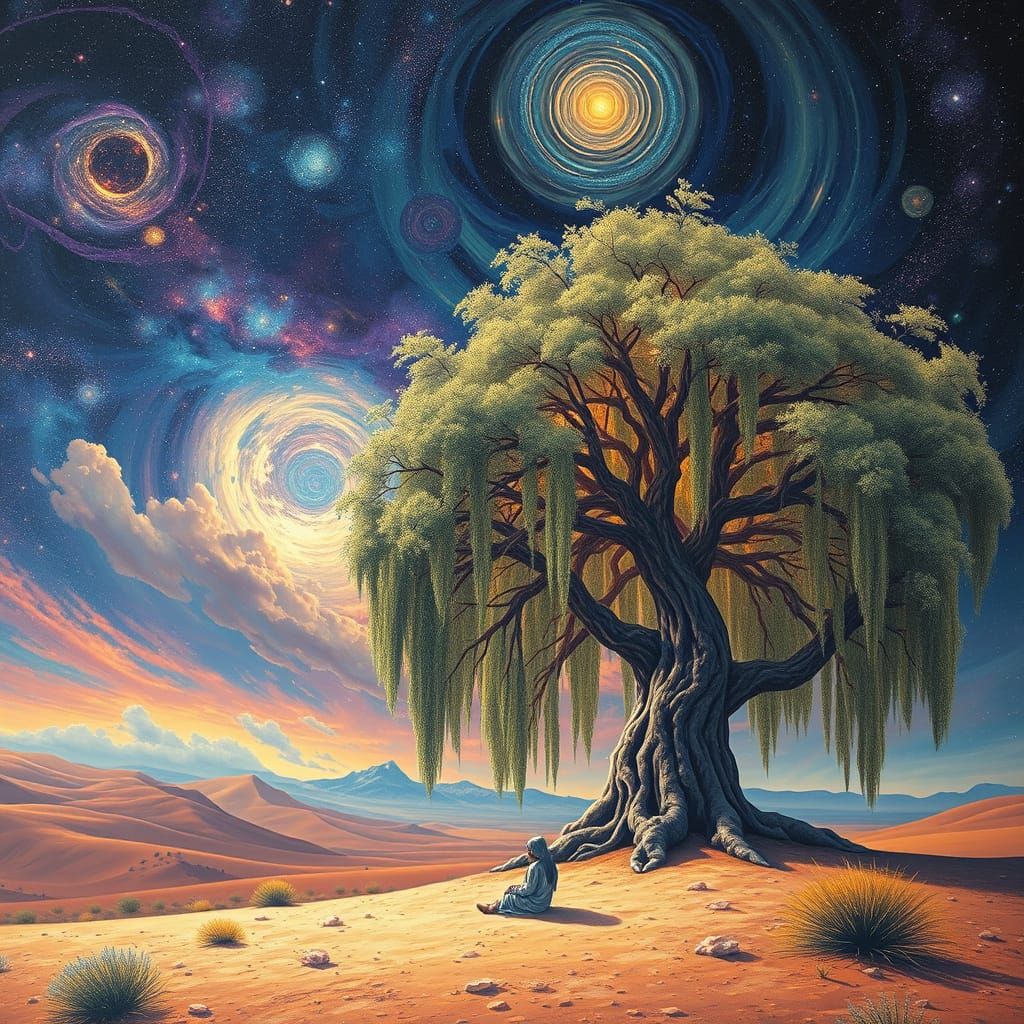 Mystical Desert Willow Under Swirling Galaxies