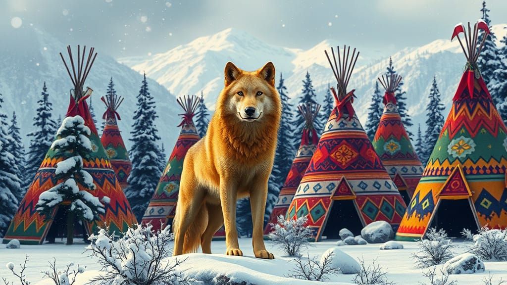 Gold Wolf in Vibrant Teepees Under Snowy Sierra Nevadas in A...