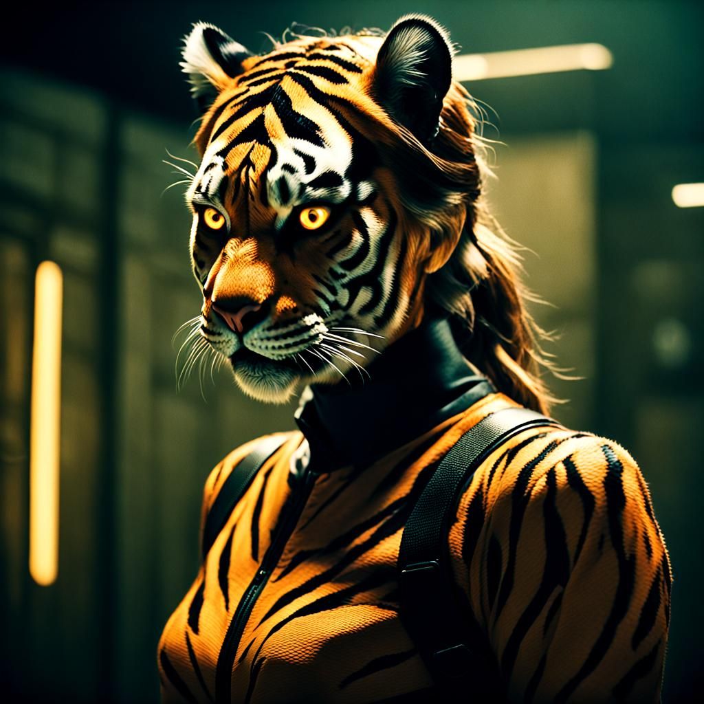 Humanoid Tiger Transformation: A Cinematic Film Still