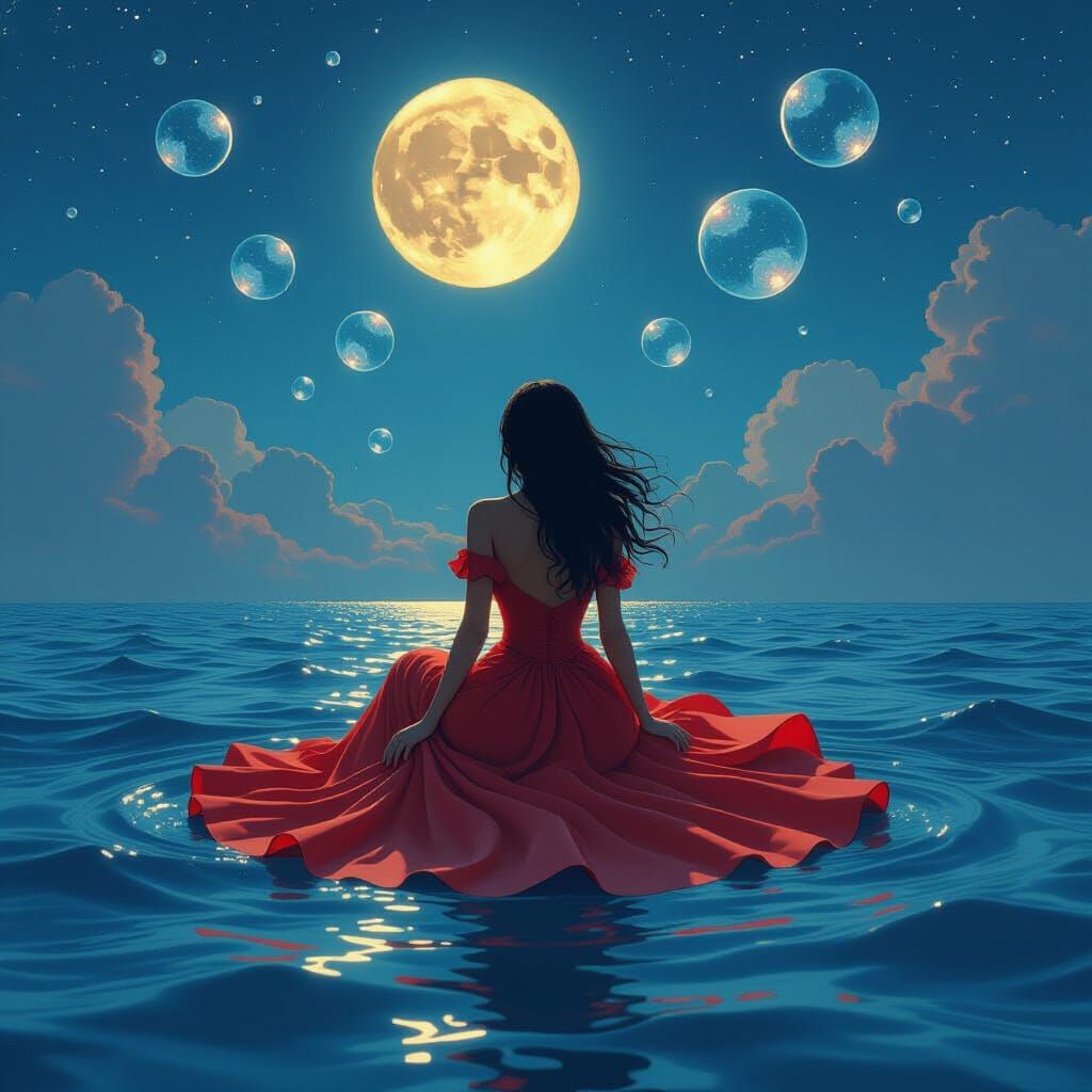 Mermaid in Red Sea with Bubbles, Dreamy Art Style