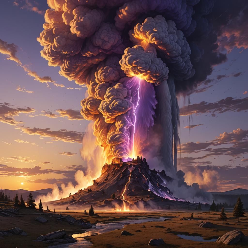 Old Faithful Eruption at Sunset: Dark Fantasy Art