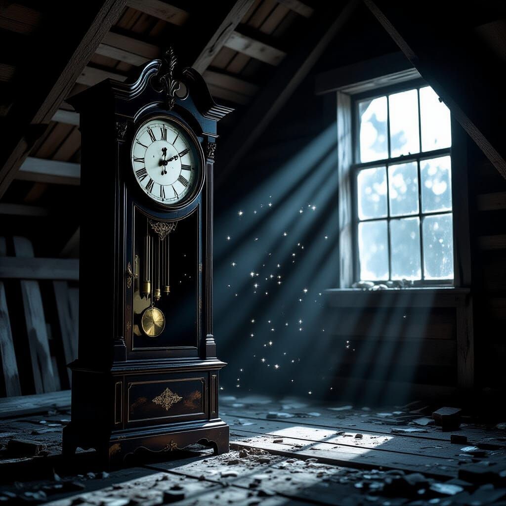 Melancholic Grandfather Clock in Moonlit Attic