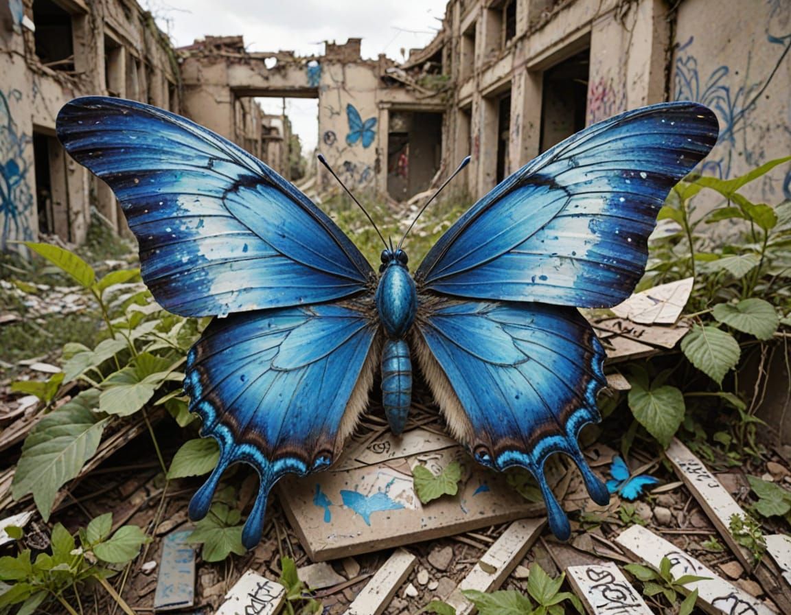 Blue Butterfly in Post-Apocalyptic Ruins