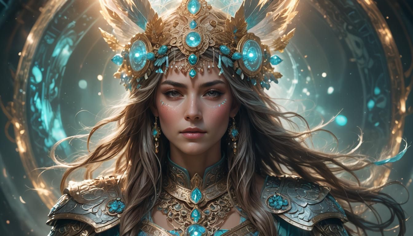 Ethereal Woman Portrait with Ornate Headdress in Art Nouveau...