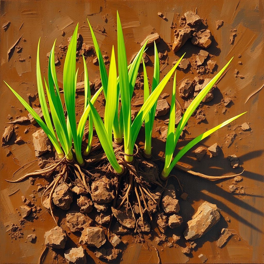 Vibrant Green Blades Erupt from Earthy Mud in Expressive Gou...