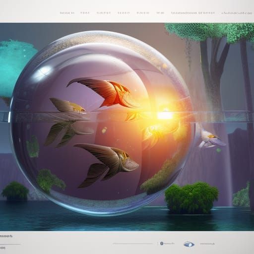 Surreal Flying Fish in Glass Ball, Detailed Painting