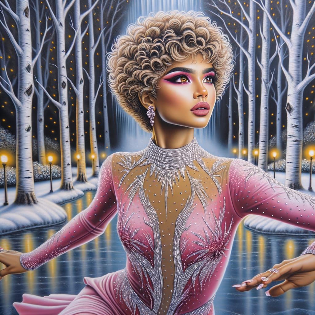 Figure Skater Glides on Frozen Pond in Evening Light