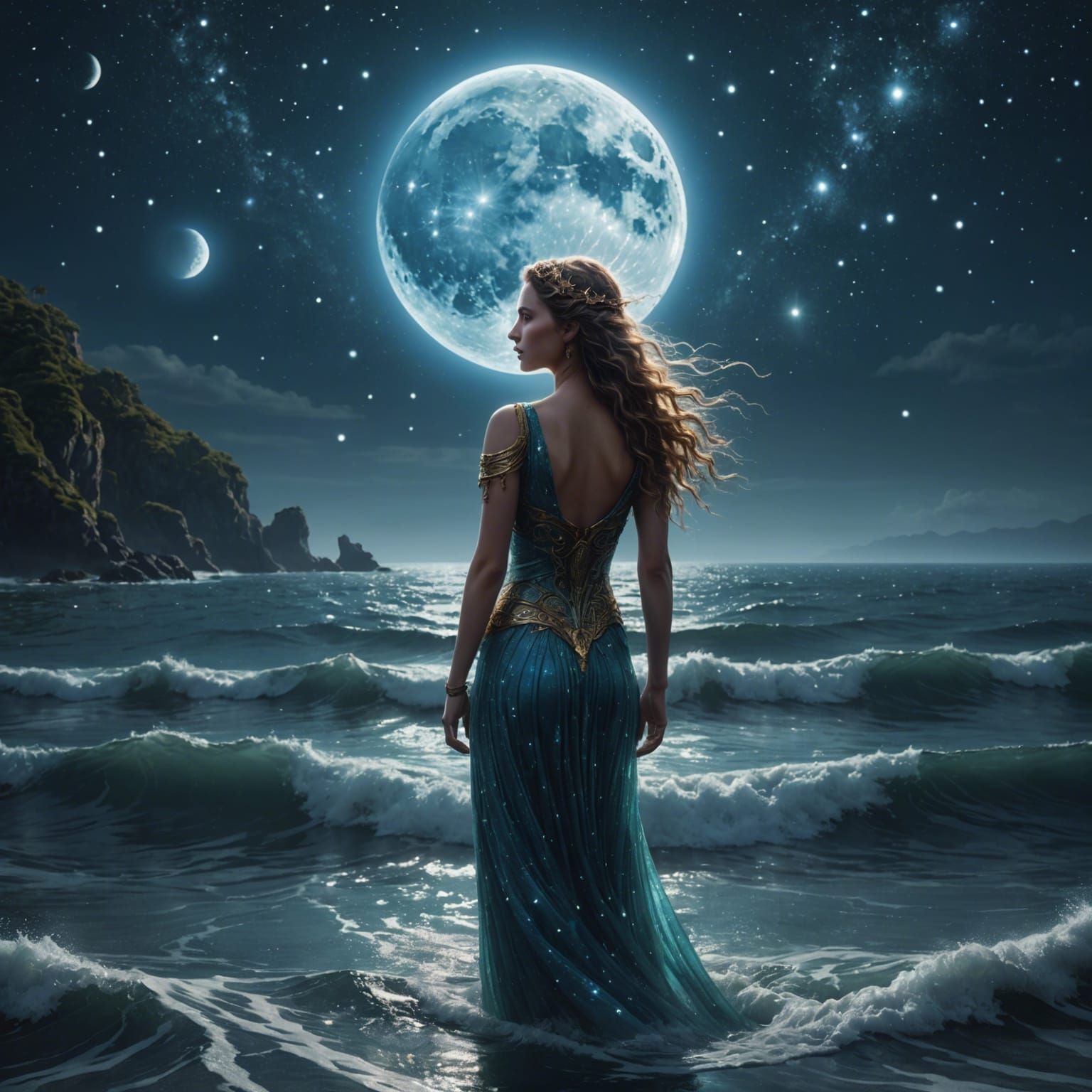 Celestial Water Goddess in Moonlight, Digital Matte Painting