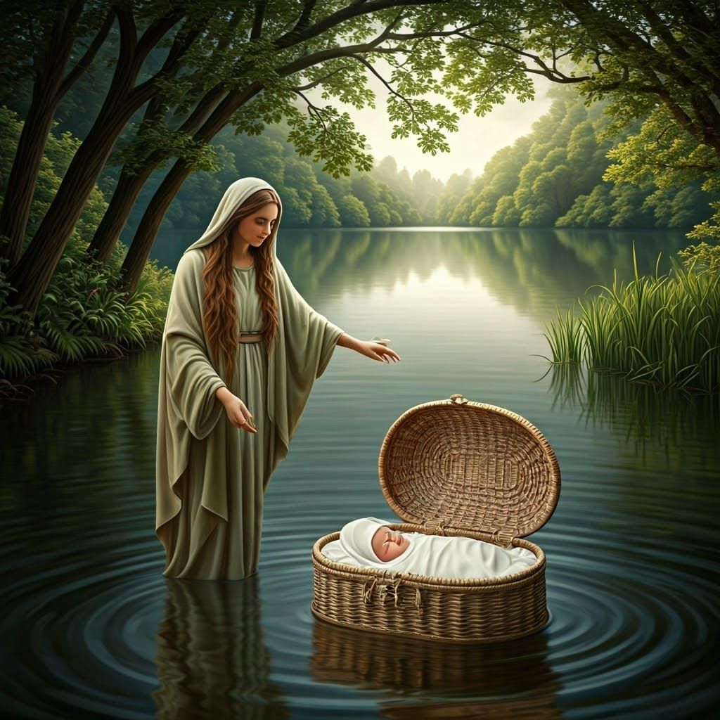 Ethereal Lake Scene with Biblical Figure and Baby