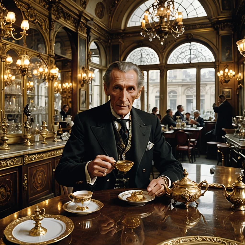 Peter Cushing in Gold-Decorated Parisian Cafe