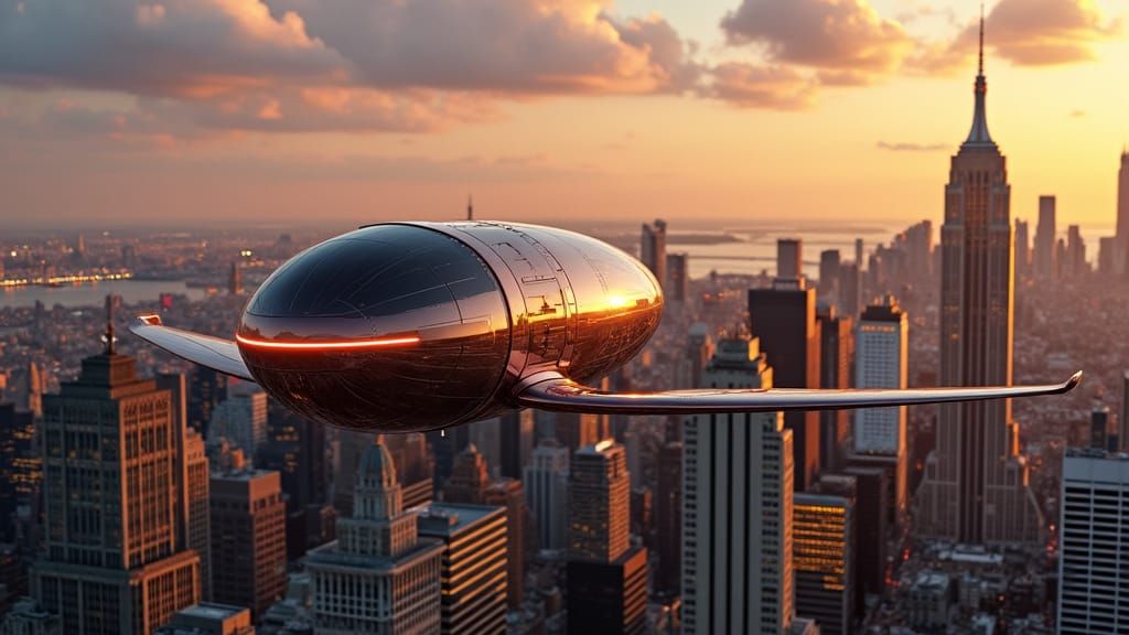 Futuristic Copper Vehicle Over New York City Sunset