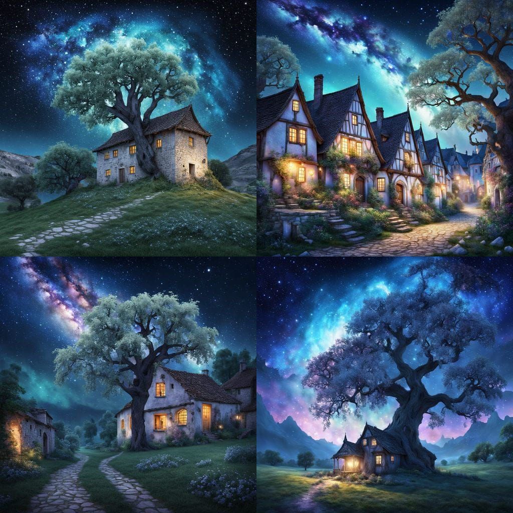 Abstract Medieval Village with Cosmic Tree