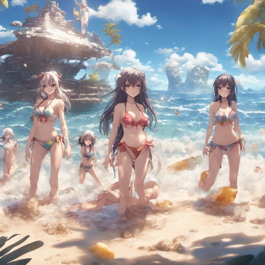 Anime Girls on Beach in Detailed Matte Painting