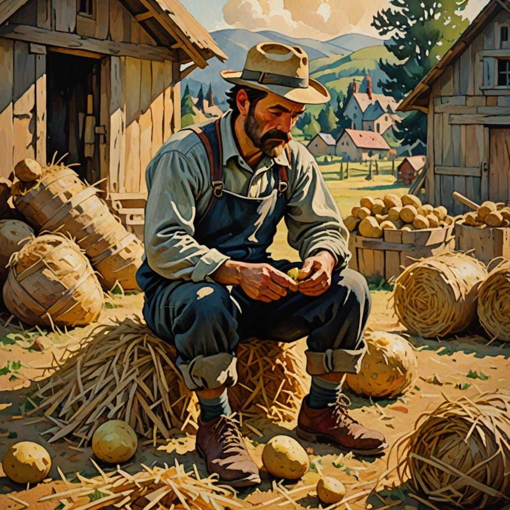 Rustic Potato Mashing Scene in Post-Impressionist Style