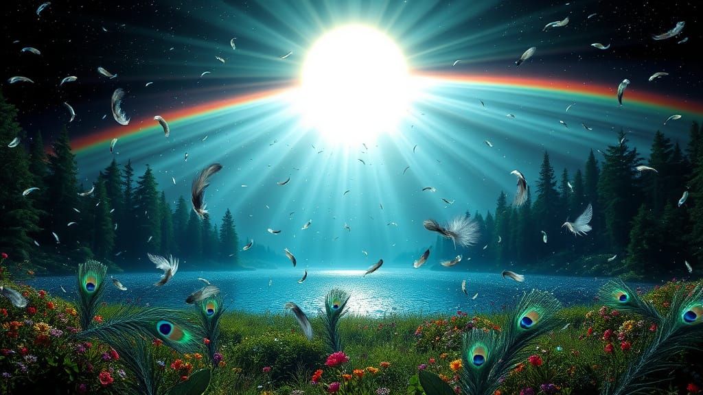 Cosmic Featherfall in Dreamlike Bioluminescent Style