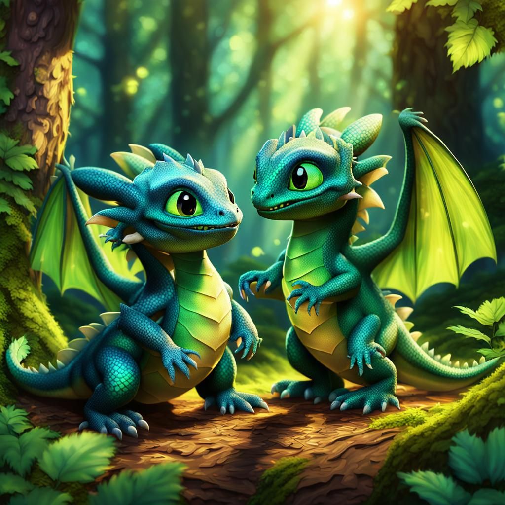 Baby Dragons Play in Sunny Forest: Digital Art