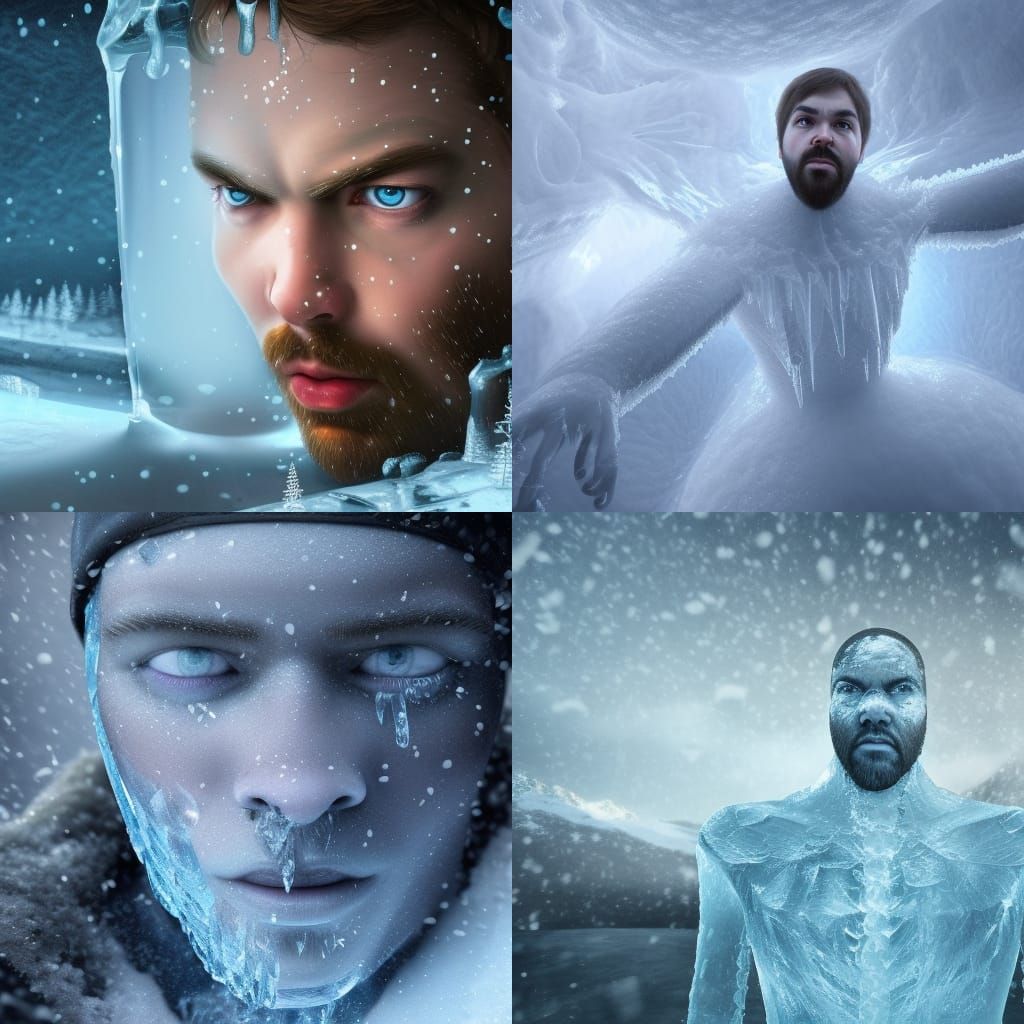 person in the ice cube, man in the ice cube, frozen man, it's snowing, insane detailed face, 8k, high resolution, detail...
