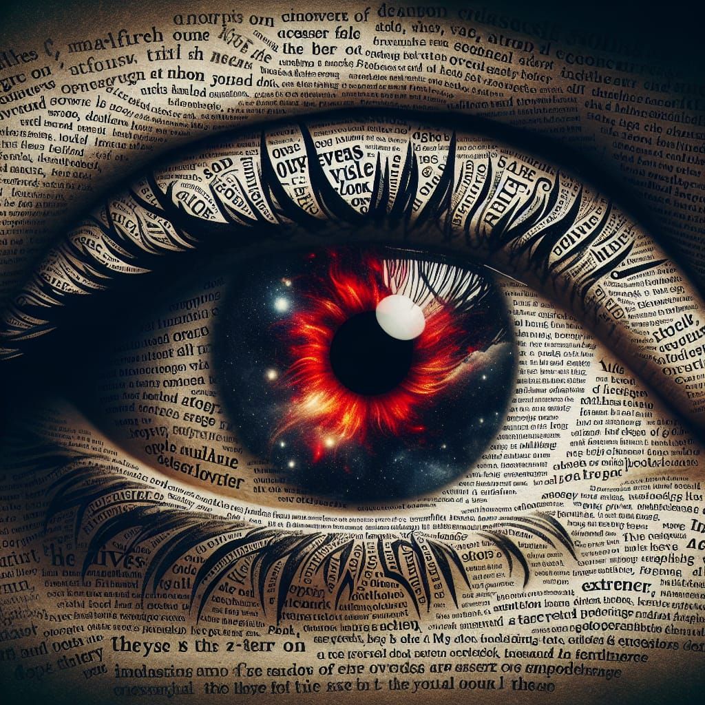 Giant Red Eye Blends Book Pages in Double Exposure