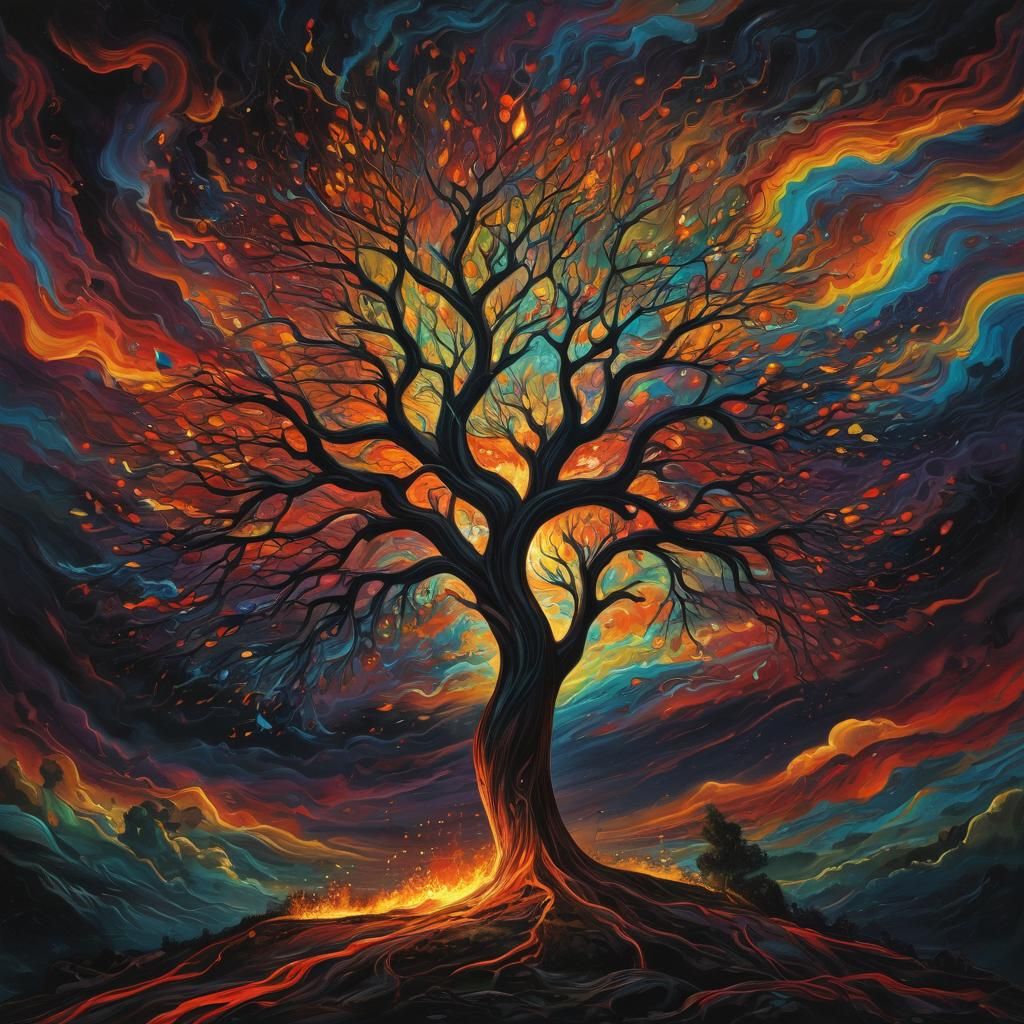 Flaming Tree in Surreal Landscape as Oil Painting