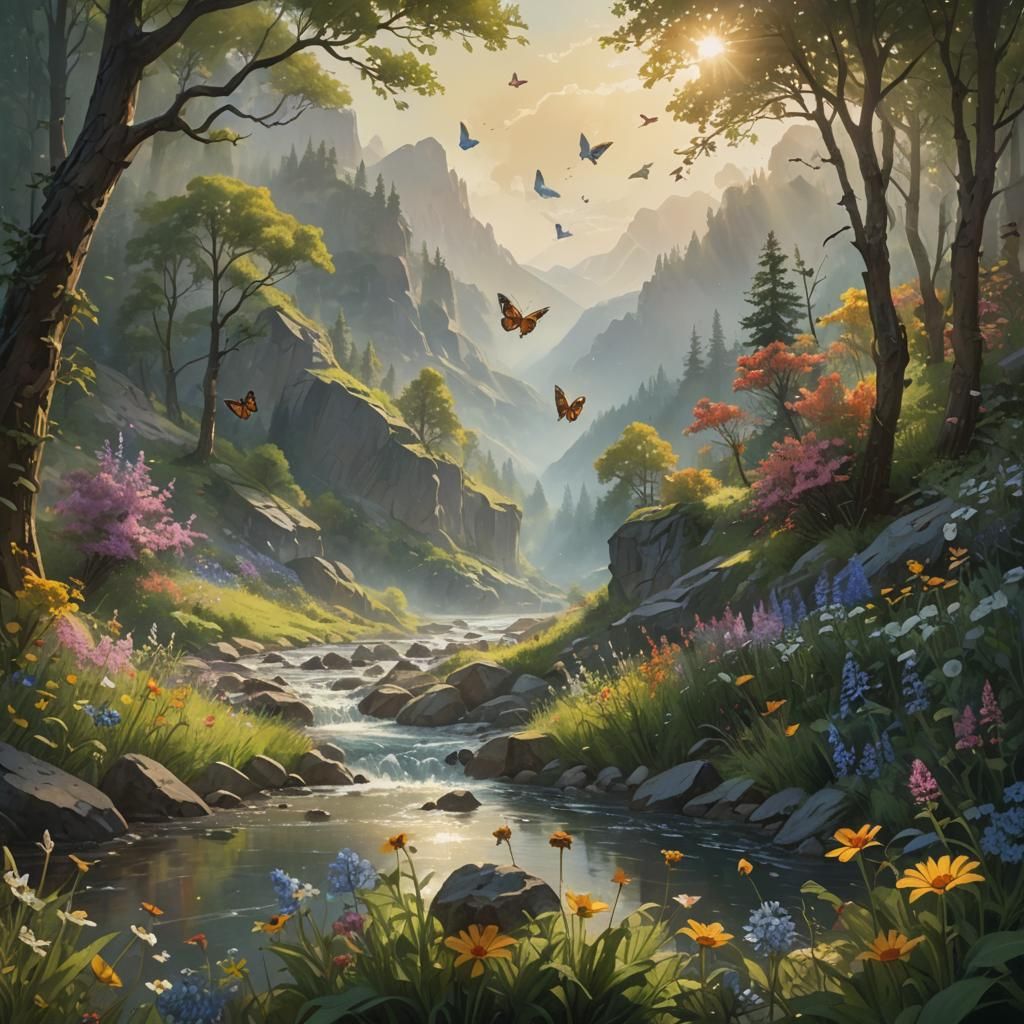 Cinematic Landscape with Wildflowers and Butterflies