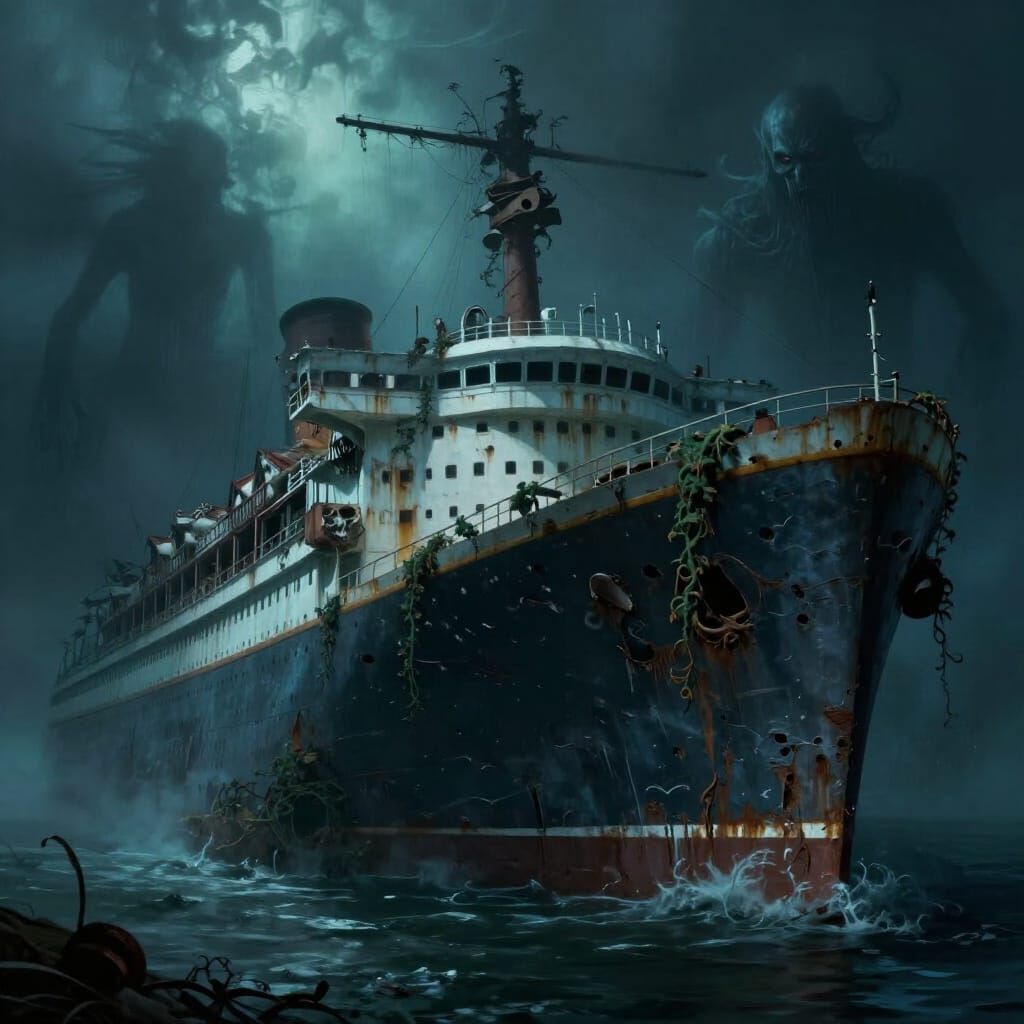 Haunting River Ghost Ship with Shadow Figures
