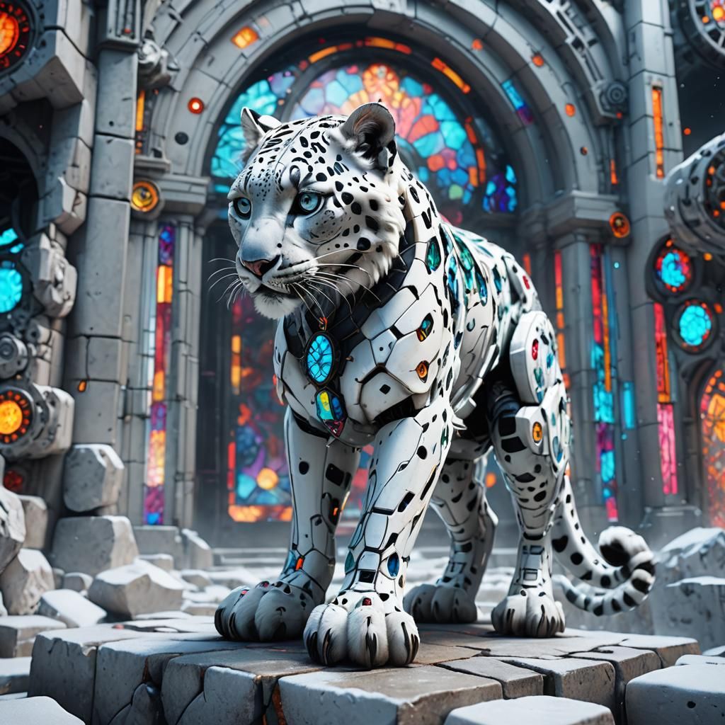 Biomechanical Snow Leopard in Sci-Fi Setting