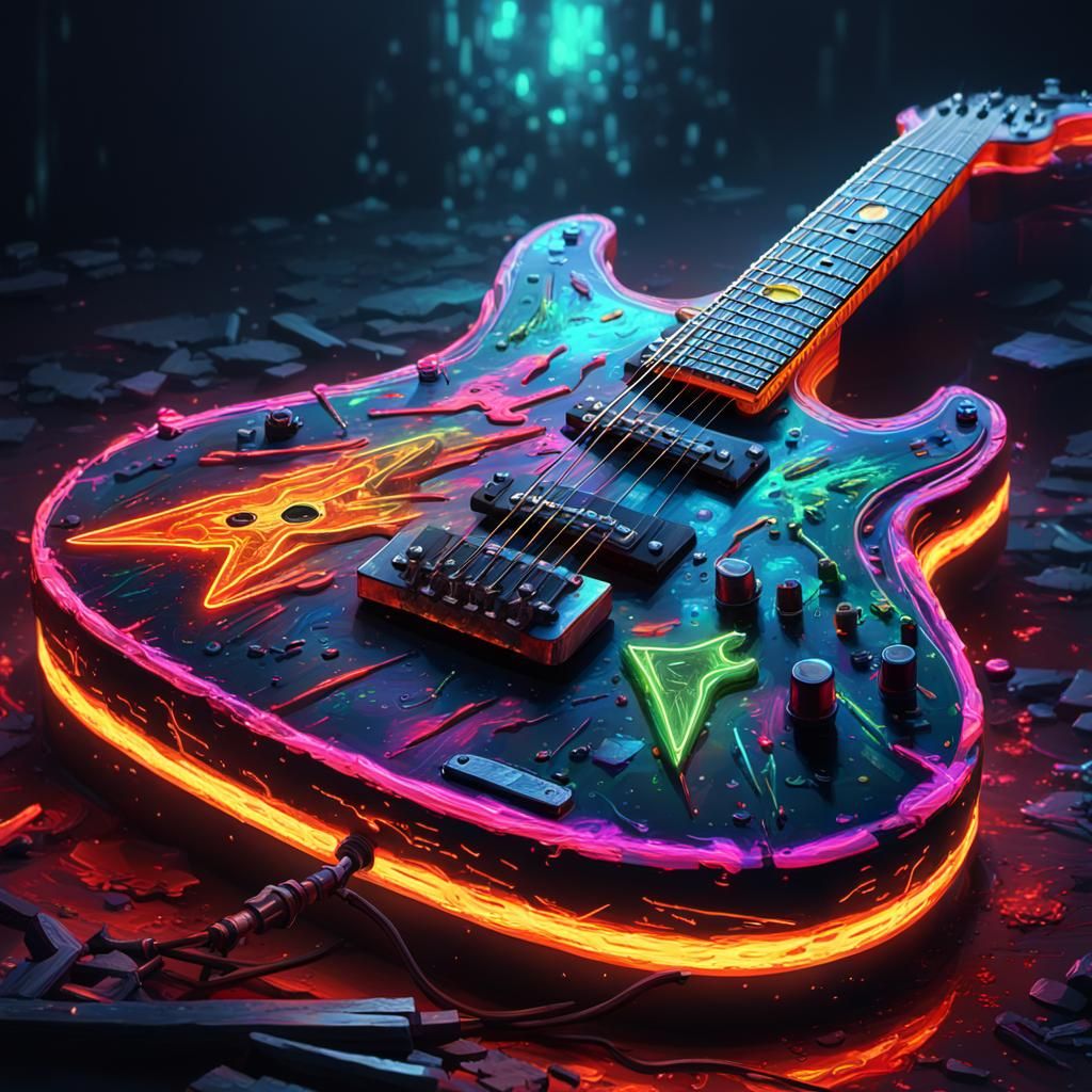 Cyberpunk Guitar with Neon Lightning, Impasto Painting