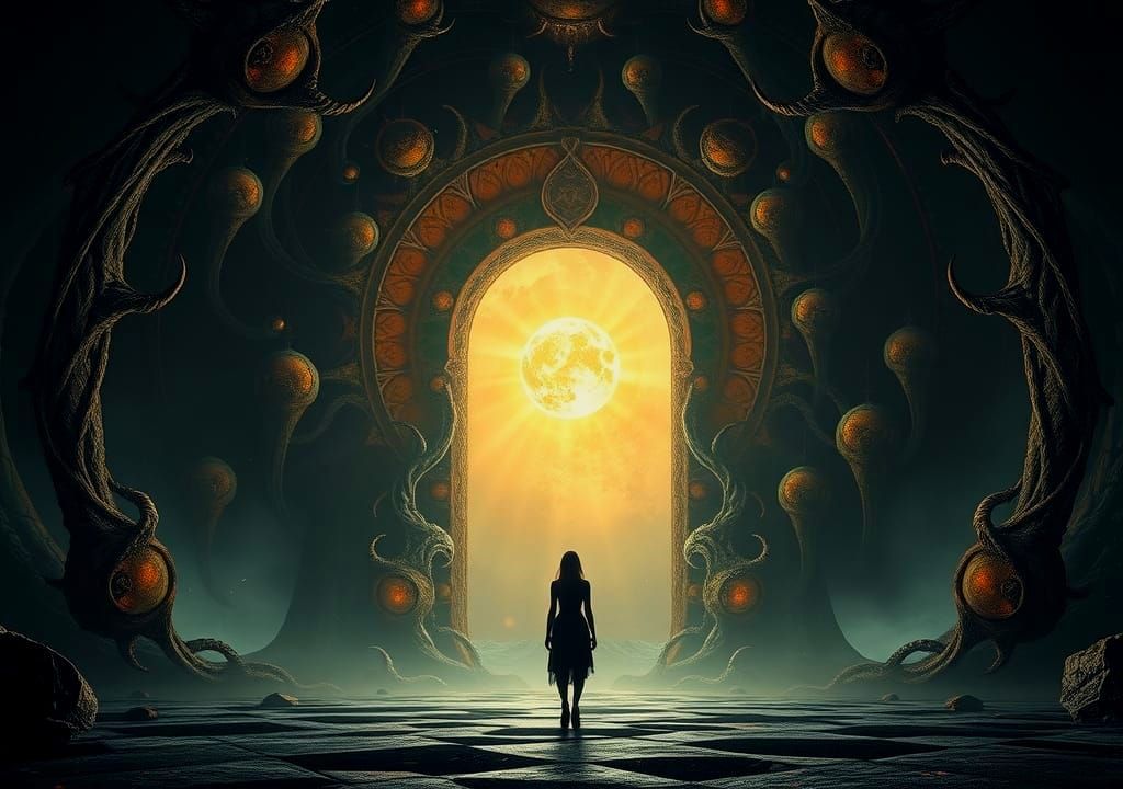 Cosmic Entity Reveals Alien Gateway in Dark Fantasy Art