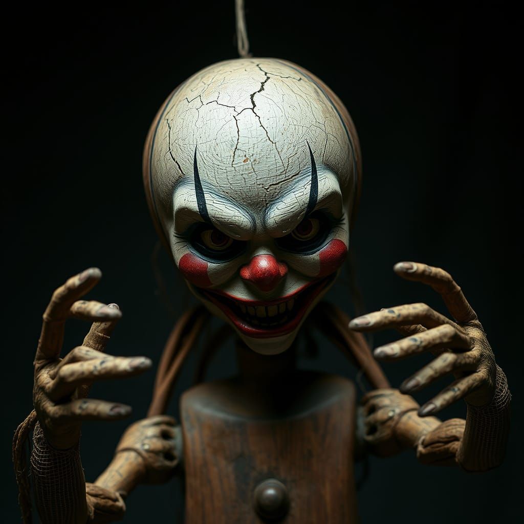 Creepy Wooden Dummy with Twisted Clown Face and Waving Arms