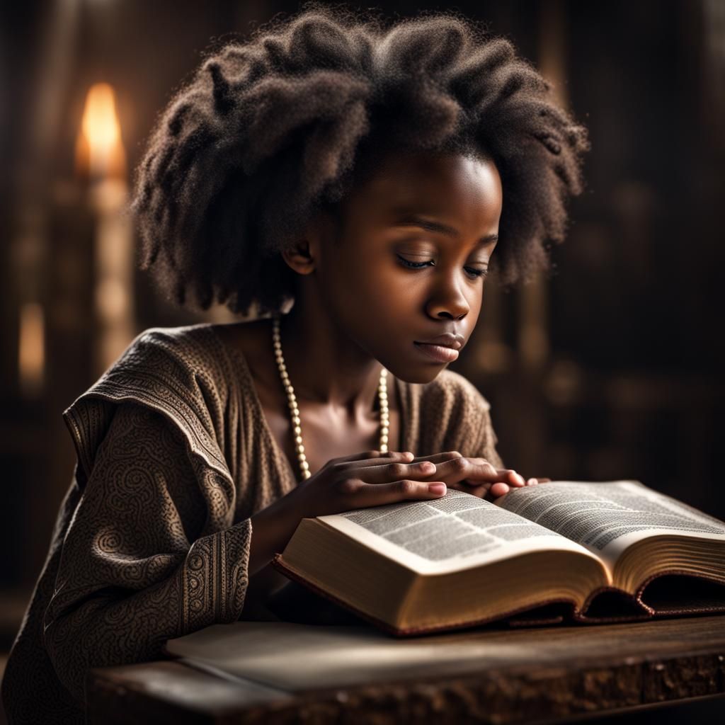 Praying Girl with Bible in Hyperrealistic Style