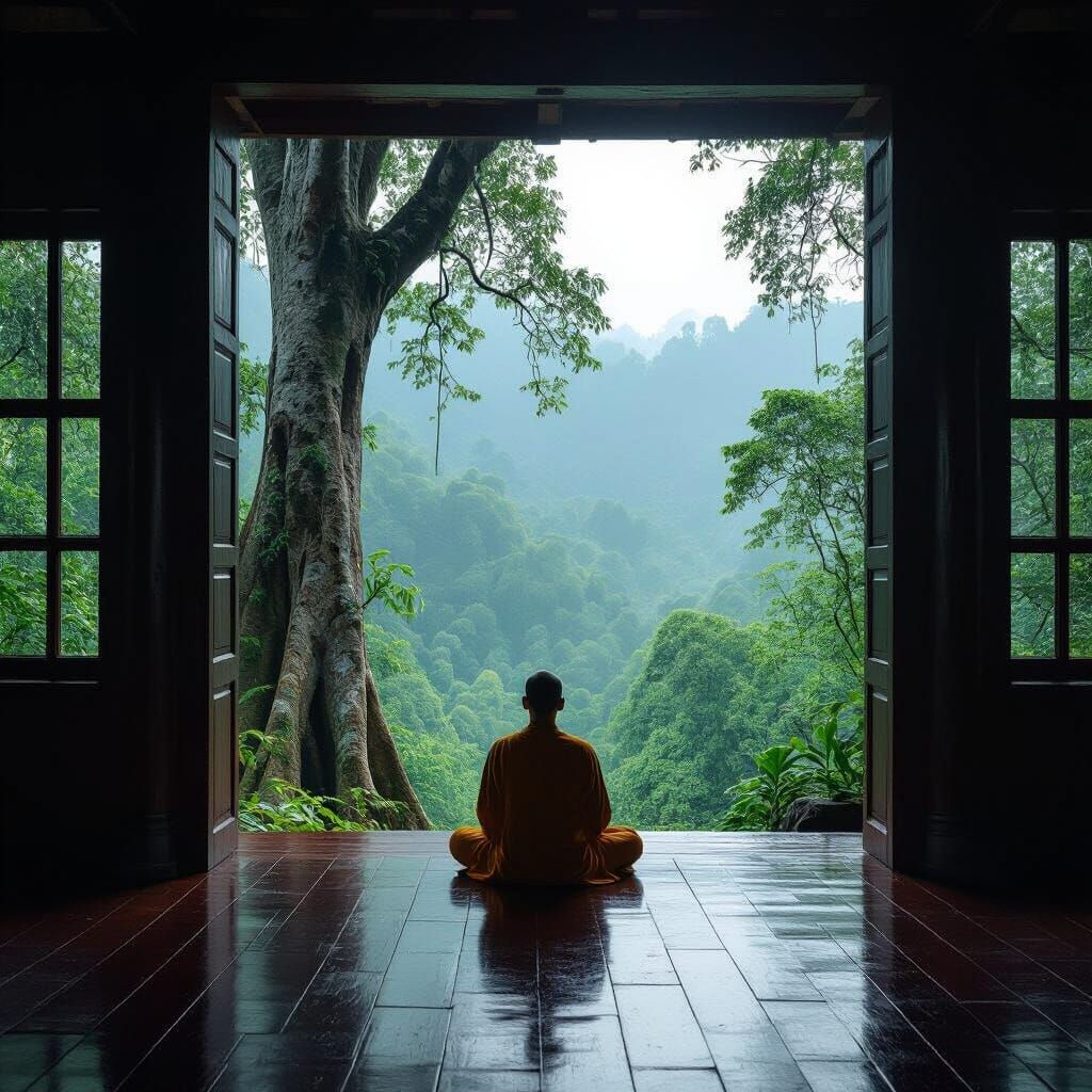 Buddhist Monk Meditates at Immense Jungle Gate